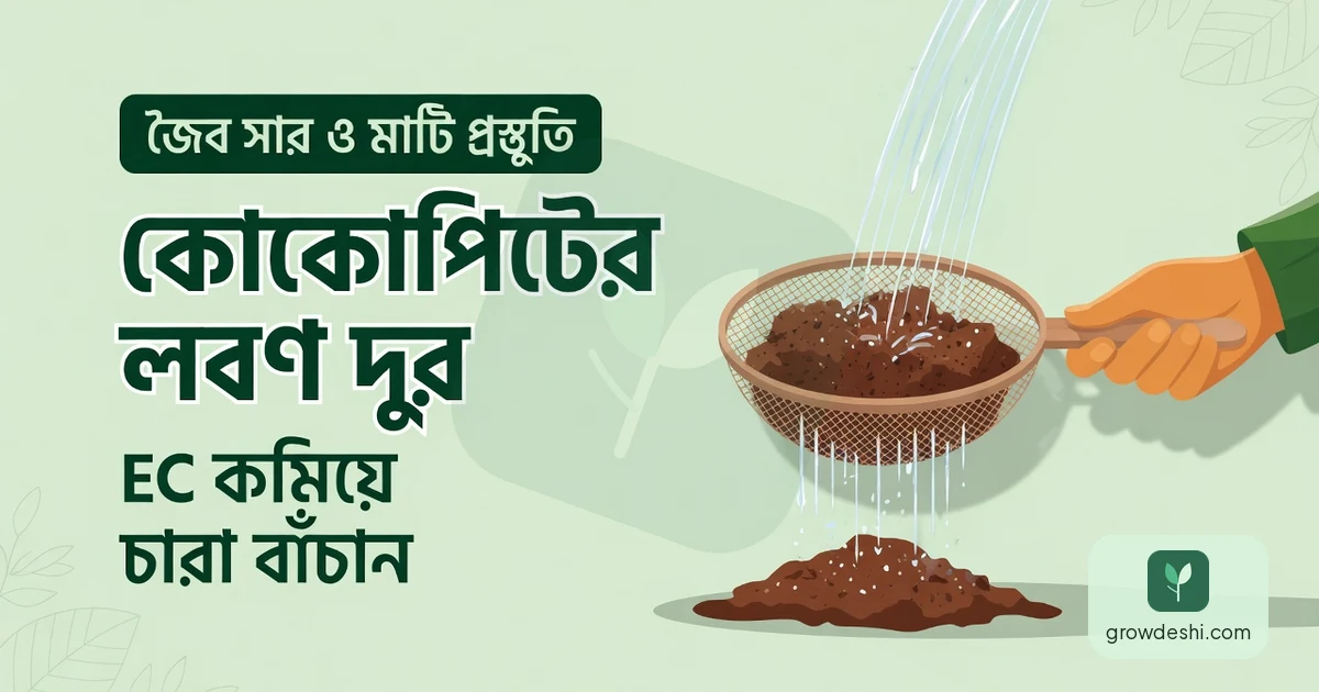কোকোপিটের লবণ ও EC দূর করার নিয়ম — চারা বাঁচান — GrowDeshi