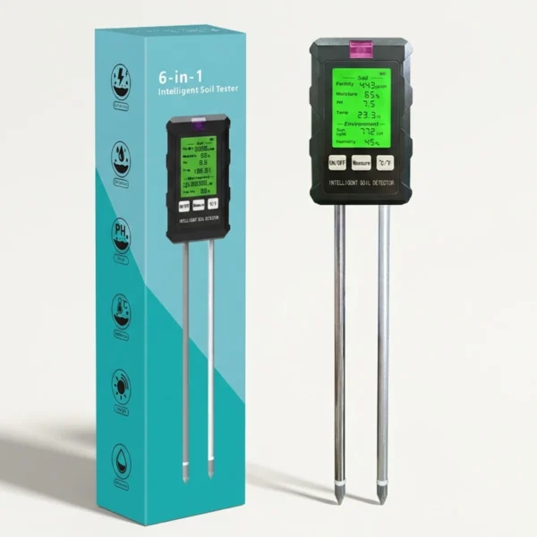 6 in 1 Intelligent Soil Tester — মাটির আর্দ্রতা মাপার যন্ত্র, ডিজিটাল ডিসপ্লে সহ ৬-ইন-১ সয়েল মিটার ও রিটেইল বক্স